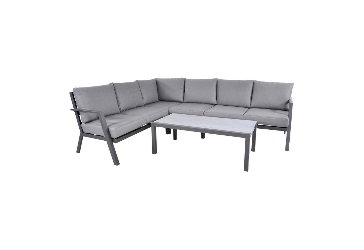 GMD Living Eckbankgruppe MARAH, (Eckbank Loungeset, 5-tlg., bestehend aus 3 Sofas, 1 Eckteil & 1 Tisch inkl. Polsterkissen), 5mm Glastischplatte in Keramikoptik, otudoorgeeignet von GMD Living