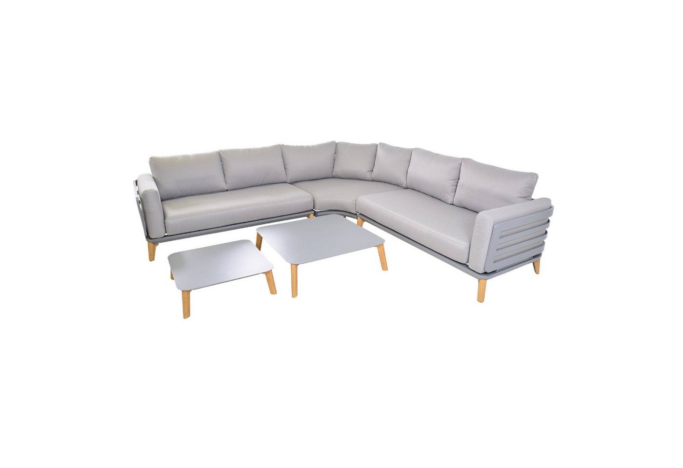 GMD Living Eckbankgruppe SPHERE, (Eckbank Loungeset, 5-tlg., bestehend aus 2 Sofas, 1 Eckteil & 2 Tischen inkl. Sitzpolster), rostfreies Aluminiumgestell in mattgrau von GMD Living