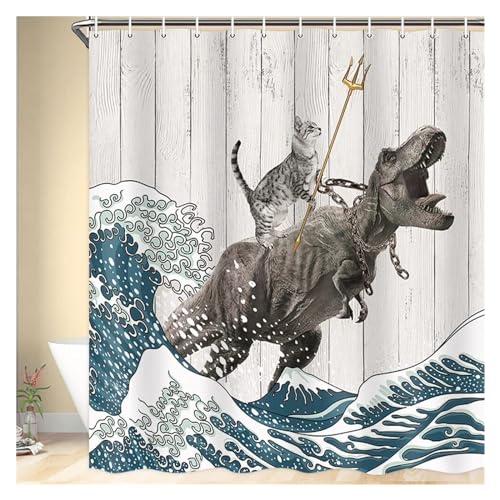 Duschvorhang Lustiger Katzen-Duschvorhang, coole Katze, Dinosaurier, japanische Ozeanwelle, Dekorstoff, Badezimmervorhänge, rustikaler Badevorhang aus Holz for Kinder(YMX2103,180x200cm-70x78in) von GMGQJST