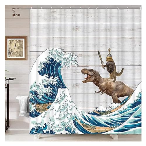 Duschvorhang Lustiger Katzen-Duschvorhang, coole Katze, Dinosaurier, japanische Ozeanwelle, Dekorstoff, Badezimmervorhänge, rustikaler Badevorhang aus Holz for Kinder(YMX2106,180x200cm-70x78in) von GMGQJST