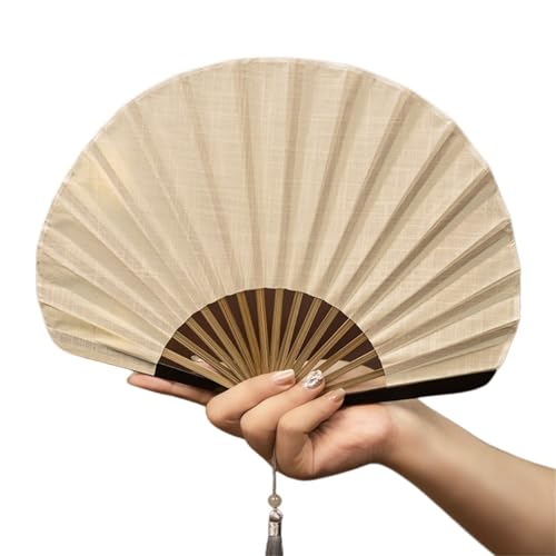 FäCher Festival Kreativer Retro-Mini-Muschelventilator aus Baumwollleinentuch, faltbarer Handventilator, sanfte Volltonfarbe, Handventilator for Damen(Beige) von GMGQJST