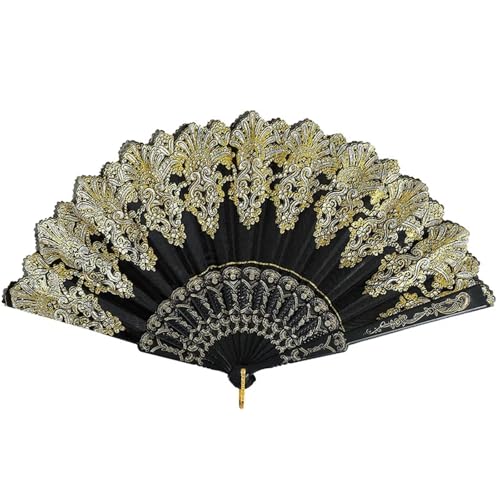 FäCher Festival Muster Handfächer Einzelne Blume Faltbarer Tanz-Kunststofffächer for Damen(Black) von GMGQJST