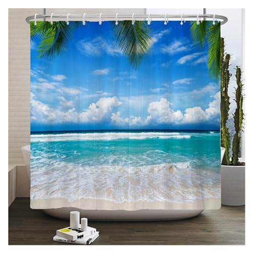 GMGQJST Duschvorhang 3D Strand Landschaft Duschvorhänge Meer Ozean Mittelmeer Badezimmer Vorhang wasserdichte Stoff Dekoration 180 * 240 cm Bad Vorhang(2457G,W180xH240cm) von GMGQJST