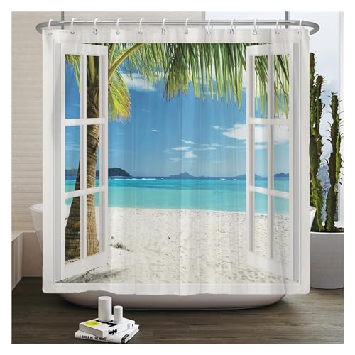 GMGQJST Duschvorhang 3D Strand Landschaft Duschvorhänge Meer Ozean Mittelmeer Badezimmer Vorhang wasserdichte Stoff Dekoration 180 * 240 cm Bad Vorhang(3728L,W210xH180cm) von GMGQJST