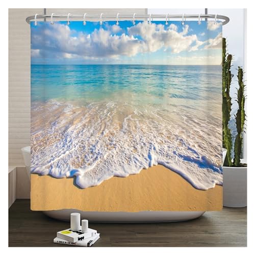GMGQJST Duschvorhang 3D Strand Landschaft Duschvorhänge Meer Ozean Mittelmeer Badezimmer Vorhang wasserdichte Stoff Dekoration 180 * 240 cm Bad Vorhang(4301G,W180xH180cm) von GMGQJST