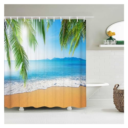 GMGQJST Duschvorhang 3D Strand Landschaft Duschvorhänge Meer Ozean Mittelmeer Badezimmer Vorhang wasserdichte Stoff Dekoration 180 * 240 cm Bad Vorhang(4553ZW,W90xH180cm) von GMGQJST