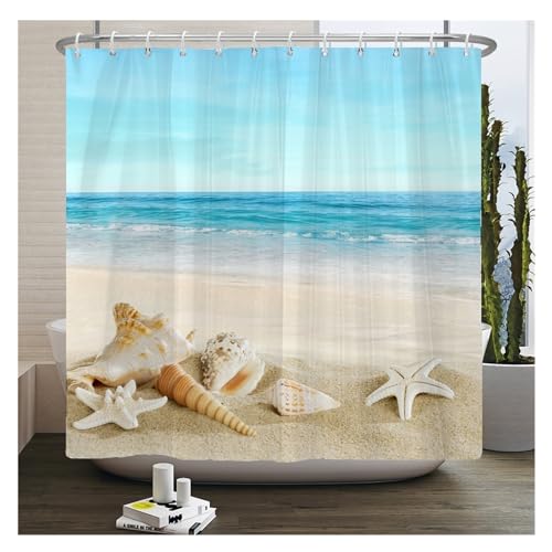 GMGQJST Duschvorhang 3D Strand Landschaft Duschvorhänge Meer Ozean Mittelmeer Badezimmer Vorhang wasserdichte Stoff Dekoration 180 * 240 cm Bad Vorhang(6999L,W300xH180cm) von GMGQJST