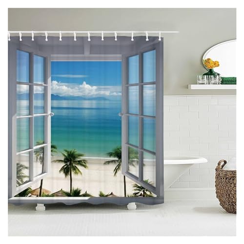 GMGQJST Duschvorhang 3D Strand Landschaft Duschvorhänge Meer Ozean Mittelmeer Badezimmer Vorhang wasserdichte Stoff Dekoration 180 * 240 cm Bad Vorhang(CX385,W180xH200cm) von GMGQJST