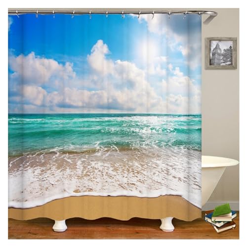 GMGQJST Duschvorhang 3D Strand Landschaft Duschvorhänge Meer Ozean Mittelmeer Badezimmer Vorhang wasserdichte Stoff Dekoration 180 * 240 cm Bad Vorhang(DM1773,W90xH180cm) von GMGQJST