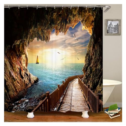 GMGQJST Duschvorhang 3D Strand Landschaft Duschvorhänge Meer Ozean Mittelmeer Badezimmer Vorhang wasserdichte Stoff Dekoration 180 * 240 cm Bad Vorhang(DM3824,W180xH240cm) von GMGQJST