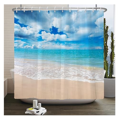 GMGQJST Duschvorhang 3D Strand Landschaft Duschvorhänge Meer Ozean Mittelmeer Badezimmer Vorhang wasserdichte Stoff Dekoration 180 * 240 cm Bad Vorhang(JK1472,W180xH200cm) von GMGQJST