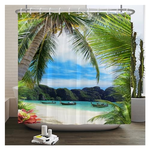 GMGQJST Duschvorhang 3D Strand Landschaft Duschvorhänge Meer Ozean Mittelmeer Badezimmer Vorhang wasserdichte Stoff Dekoration 180 * 240 cm Bad Vorhang(JK5991,W120xH180cm) von GMGQJST