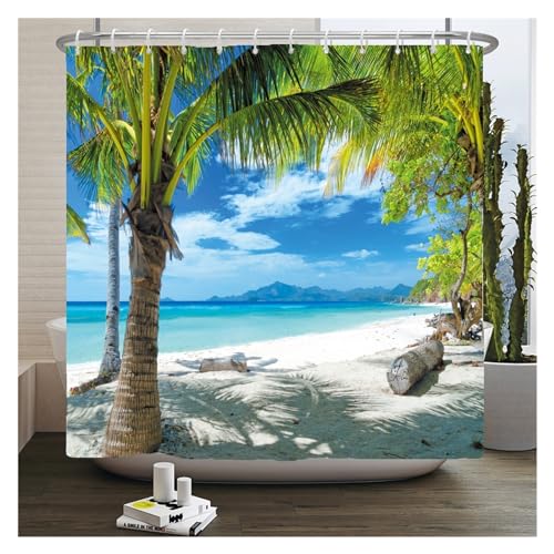 GMGQJST Duschvorhang 3D Strand Landschaft Duschvorhänge Meer Ozean Mittelmeer Badezimmer Vorhang wasserdichte Stoff Dekoration 180 * 240 cm Bad Vorhang(Sy1073,W90xH180cm) von GMGQJST