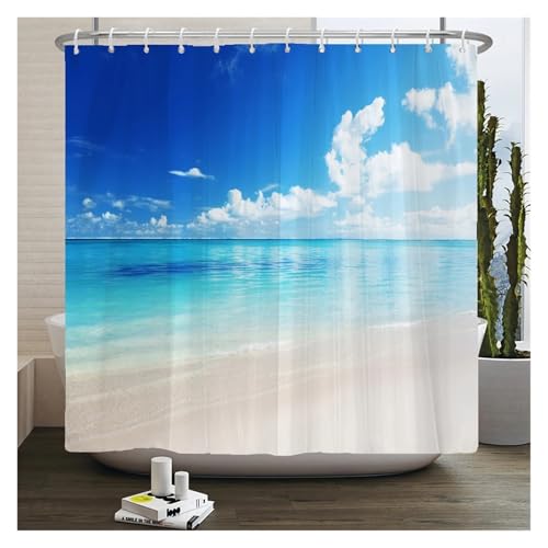 GMGQJST Duschvorhang 3D Strandlandschaft Duschvorhänge Meer Ozean Mittelmeer Badezimmer Vorhang wasserdichte Stoffdekoration 180 * 240cm Badvorhang(4556ZW,W180xH200cm) von GMGQJST