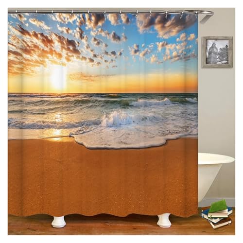 GMGQJST Duschvorhang 3D Strandlandschaft Duschvorhänge Meer Ozean Mittelmeer Badezimmer Vorhang wasserdichte Stoffdekoration 180 * 240cm Badvorhang(DM4217,W120xH180cm) von GMGQJST