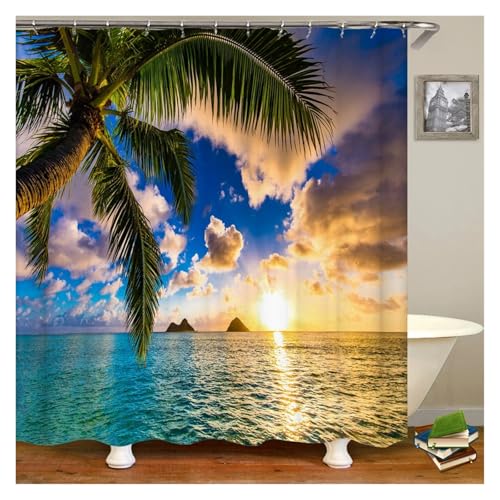 GMGQJST Duschvorhang 3D Strandlandschaft Duschvorhänge Meer Ozean Mittelmeer Badezimmer Vorhang wasserdichte Stoffdekoration 180 * 240cm Badvorhang(DM5008,W180xH180cm) von GMGQJST
