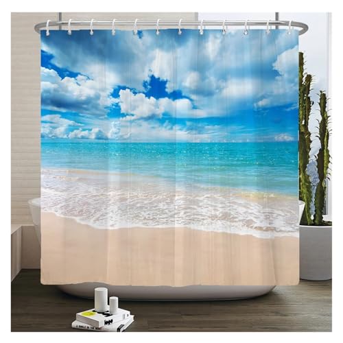 GMGQJST Duschvorhang 3D Strandlandschaft Duschvorhänge Meer Ozean Mittelmeer Badezimmer Vorhang wasserdichte Stoffdekoration 180 * 240cm Badvorhang(JK1472,W90xH180cm) von GMGQJST