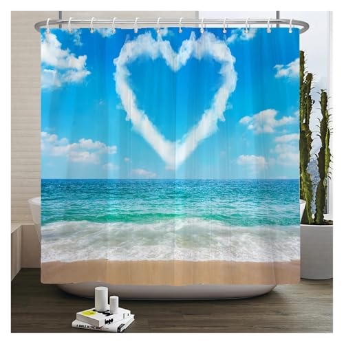 GMGQJST Duschvorhang 3D Strandlandschaft Duschvorhänge Meer Ozean Mittelmeer Badezimmer Vorhang wasserdichte Stoffdekoration 180 * 240cm Badvorhang(JK1635,W180xH200cm) von GMGQJST
