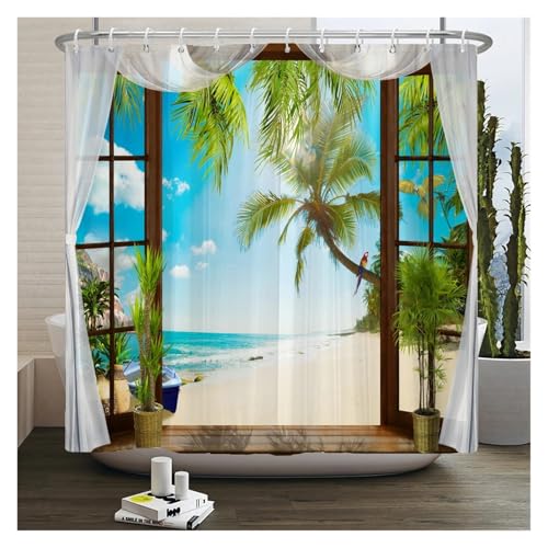 GMGQJST Duschvorhang 3D Strandlandschaft Duschvorhänge Meer Ozean Mittelmeer Badezimmer Vorhang wasserdichte Stoffdekoration 180 * 240cm Badvorhang(JK2514,W210xH180cm) von GMGQJST