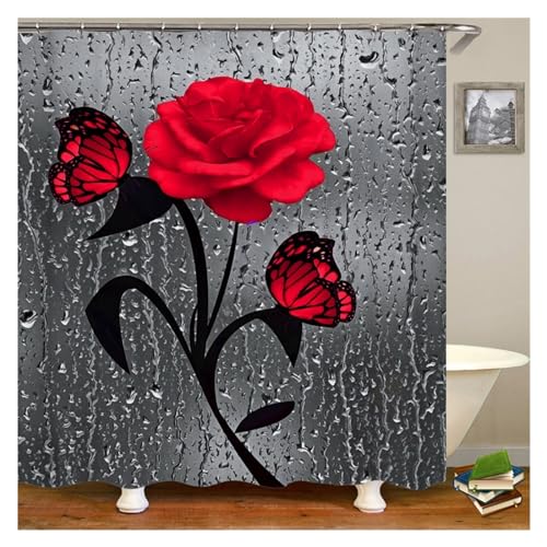 GMGQJST Duschvorhang Blühende Blumen Rose Schmetterling Duschvorhang Set Wasserdicht Badezimmer Toilettensitzbezug Bad rutschfeste Matte Teppich Teppich Bad Dekor(A-1PC Shower Curtain) von GMGQJST