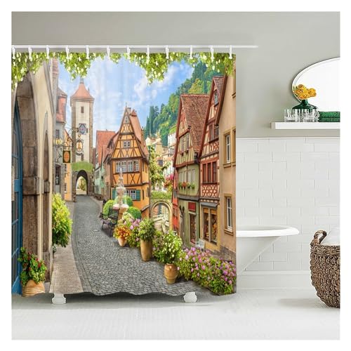 GMGQJST Duschvorhang Blumen Landschaft wasserdichte Duschvorhänge Ländliche Straßenblumen Badezimmervorhänge Polyesterstoff Waschbare Dekor Badvorhänge(7476ZW,W180xH180cm) von GMGQJST