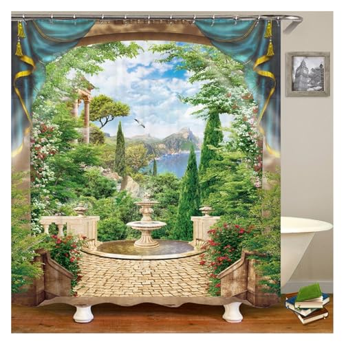 GMGQJST Duschvorhang Blumen Landschaft wasserdichte Duschvorhänge Ländliche Straßenblumen Badezimmervorhänge Polyesterstoff Waschbare Dekor Badvorhänge(DM1012,W180xH240cm) von GMGQJST