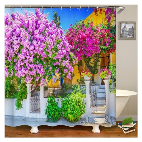 GMGQJST Duschvorhang Blumen Landschaft wasserdichte Duschvorhänge Ländliche Straßenblumen Badezimmervorhänge Polyesterstoff Waschbare Dekor Badvorhänge(DM6540,W150xH180cm) von GMGQJST