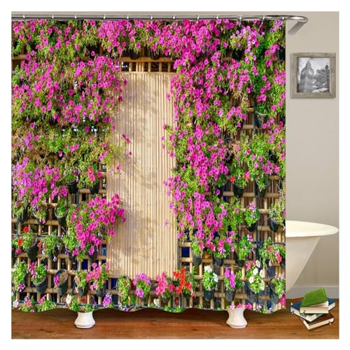 GMGQJST Duschvorhang Blumen Landschaft wasserdichte Duschvorhänge Ländliche Straßenblumen Badezimmervorhänge Polyesterstoff Waschbare Dekor Badvorhänge(DM6541,W180xH200cm) von GMGQJST