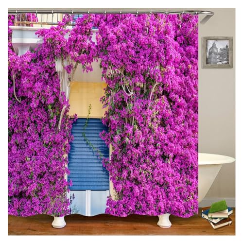 GMGQJST Duschvorhang Blumen Landschaft wasserdichte Duschvorhänge Ländliche Straßenblumen Badezimmervorhänge Polyesterstoff Waschbare Dekor Badvorhänge(DM6542,W210xH180cm) von GMGQJST