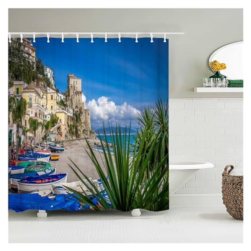 GMGQJST Duschvorhang Blumen Landschaft wasserdichte Duschvorhänge Ländliche Straßenblumen Badezimmervorhänge Polyesterstoff Waschbare Dekor Badvorhänge(JK1495,W210xH180cm) von GMGQJST