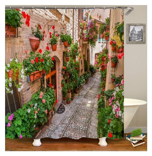 GMGQJST Duschvorhang Blumen Landschaft wasserdichte Duschvorhänge Ländliche Straßenblumen Badezimmervorhänge Polyesterstoff Waschbare Dekor Badvorhänge(JK2595,W90xH180cm) von GMGQJST