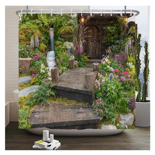 GMGQJST Duschvorhang Blumen Landschaft wasserdichte Duschvorhänge Ländliche Straßenblumen Badezimmervorhänge Polyesterstoff Waschbare Dekor Badvorhänge(JK3078,W300xH180cm) von GMGQJST