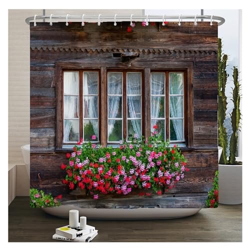 GMGQJST Duschvorhang Blumen Landschaft wasserdichte Duschvorhänge Ländliche Straßenblumen Badezimmervorhänge Polyesterstoff Waschbare Dekor Badvorhänge(JK3125,W150xH180cm) von GMGQJST
