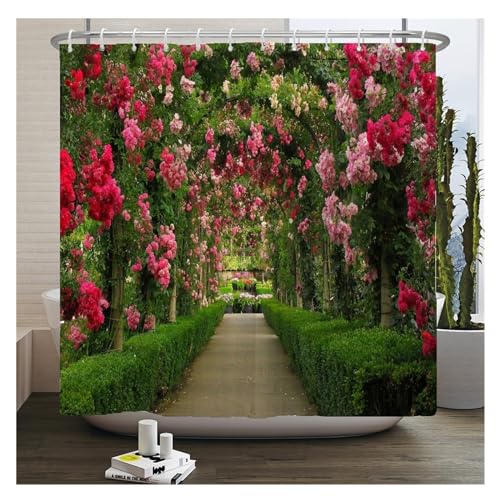 GMGQJST Duschvorhang Blumen Landschaft wasserdichte Duschvorhänge Ländliche Straßenblumen Badezimmervorhänge Polyesterstoff Waschbare Dekor Badvorhänge(JK3948,W210xH180cm) von GMGQJST