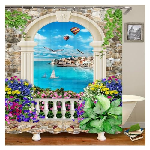 GMGQJST Duschvorhang Blumen Landschaft wasserdichte Duschvorhänge Ländliche Straßenblumen Badezimmervorhänge Polyesterstoff Waschbare Dekor Badvorhänge(JK8840,W180xH240cm) von GMGQJST