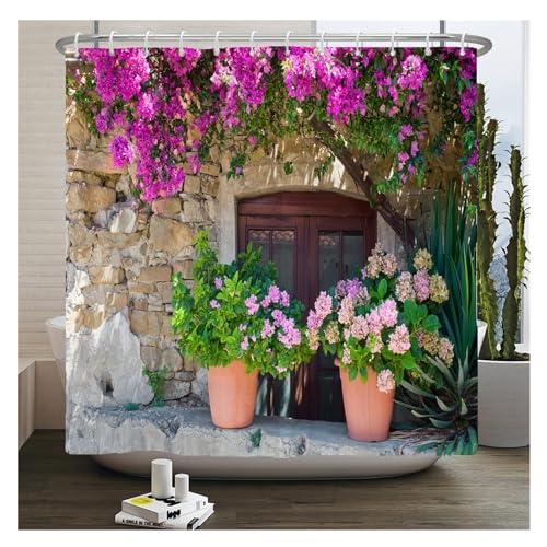 GMGQJST Duschvorhang Blumen Landschaft wasserdichte Duschvorhänge Ländliche Straßenblumen Badezimmervorhänge Polyesterstoff Waschbare Dekor Badvorhänge(Sy2104,W180xH180cm) von GMGQJST