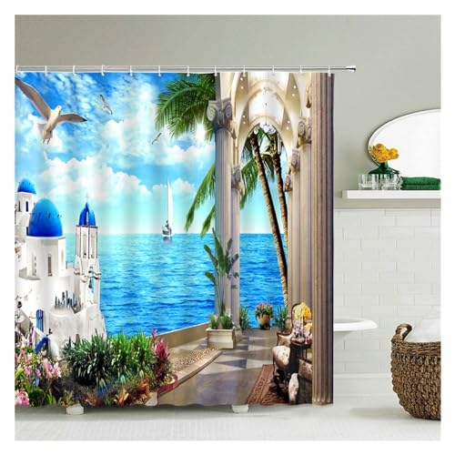 GMGQJST Duschvorhang Blumen Landschaft wasserdichte Duschvorhänge Ländliche Straßenblumen Badezimmervorhänge Polyesterstoff Waschbare Dekor Badvorhänge(Sy8254,W120xH180cm) von GMGQJST
