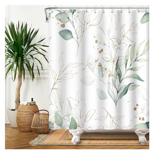 GMGQJST Duschvorhang Duschvorhang mit grünen Pflanzenblättern, Ranken und Blumen, Bedruckt, minimalistischer Polyster, Heimdekoration, Badezimmervorhang mit Haken(YFX03626,W180xH180cm) von GMGQJST