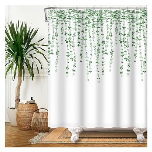 GMGQJST Duschvorhang Duschvorhang mit grünen Pflanzenblättern, Ranken und Blumen, Bedruckt, minimalistischer Polyster, Heimdekoration, Badezimmervorhang mit Haken(YFX03638,W180xH200cm) von GMGQJST