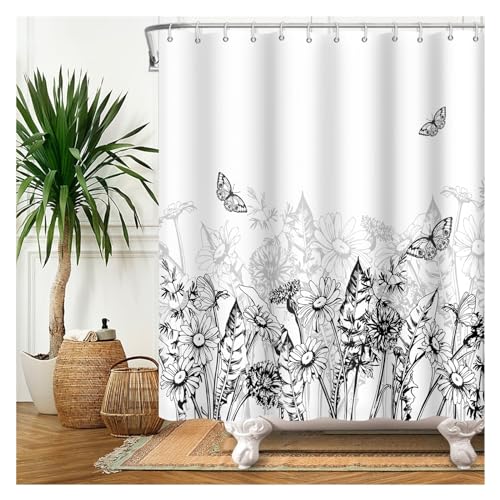 GMGQJST Duschvorhang Duschvorhang mit grünen Pflanzenblättern, Ranken und Blumen, Bedruckt, minimalistischer Polyster, Heimdekoration, Badezimmervorhang mit Haken(YFX03649,W180xH220cm) von GMGQJST