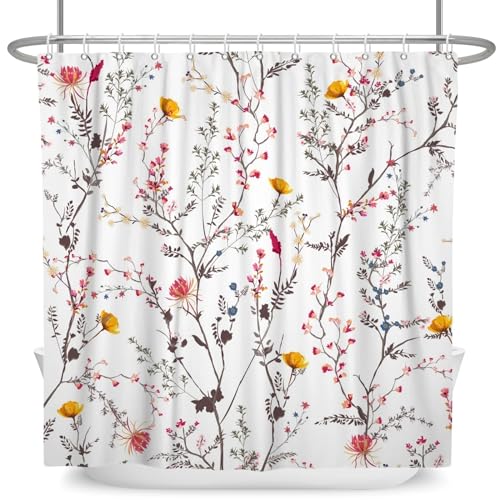GMGQJST Duschvorhang Duschvorhang mit grünen Pflanzenblättern, Ranken und Blumen, Bedruckt, minimalistischer Polyster, Heimdekoration, Badezimmervorhang mit Haken(YFX03859,W150xH180cm) von GMGQJST