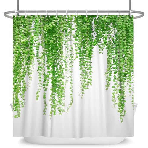 GMGQJST Duschvorhang Duschvorhang mit grünen Pflanzenblättern, Ranken und Blumen, Bedruckt, minimalistischer Polyster, Heimdekoration, Badezimmervorhang mit Haken(YFX06116,W150xH180cm) von GMGQJST