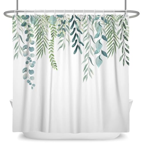 GMGQJST Duschvorhang Duschvorhang mit grünen Pflanzenblättern, Ranken und Blumen, Bedruckt, minimalistischer Polyster, Heimdekoration, Badezimmervorhang mit Haken(YJY00858,W180xH180cm) von GMGQJST