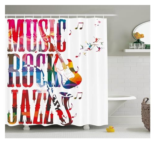 GMGQJST Duschvorhang Musikalischer Duschvorhang, Musik-Rock-Jazz-Schriftzug mit Bassgitarre, Saxophonnoten, Harmonie-Illustration, Badezimmervorhänge(1,Only 60x80cm Mat) von GMGQJST