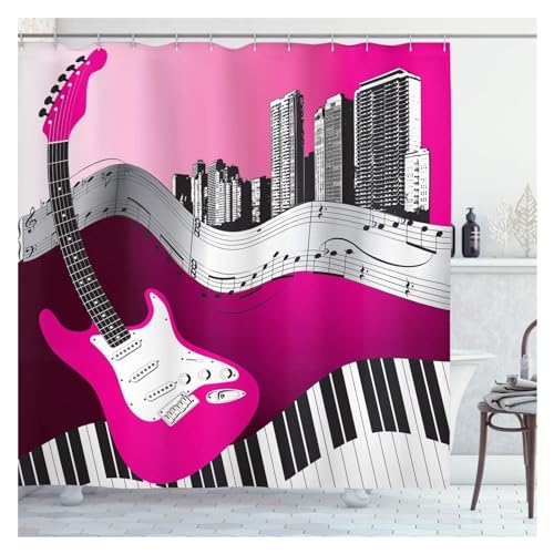 GMGQJST Duschvorhang Musikalischer Duschvorhang, Musik-Rock-Jazz-Schriftzug mit Bassgitarre, Saxophonnoten, Harmonie-Illustration, Badezimmervorhänge(10,90Wx180H cm) von GMGQJST