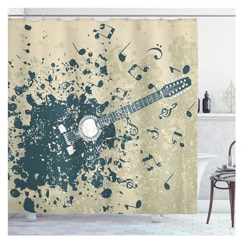 GMGQJST Duschvorhang Musikalischer Duschvorhang, Musik-Rock-Jazz-Schriftzug mit Bassgitarre, Saxophonnoten, Harmonie-Illustration, Badezimmervorhänge(12,220Wx180H cm) von GMGQJST