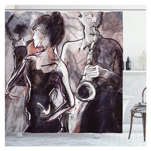 GMGQJST Duschvorhang Musikalischer Duschvorhang, Musik-Rock-Jazz-Schriftzug mit Bassgitarre, Saxophonnoten, Harmonie-Illustration, Badezimmervorhänge(14,240Wx180H cm) von GMGQJST
