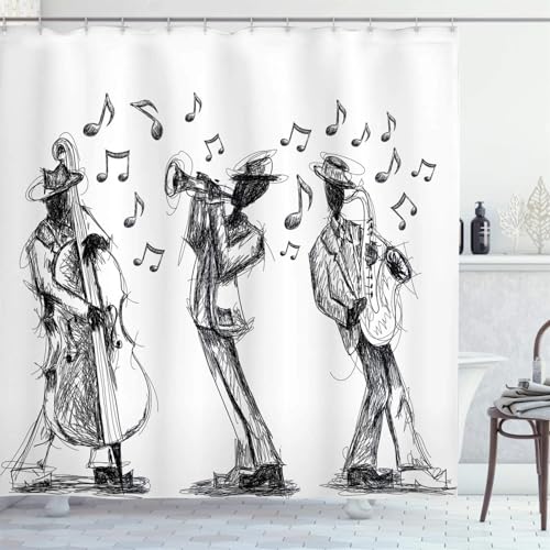 GMGQJST Duschvorhang Musikalischer Duschvorhang, Musik-Rock-Jazz-Schriftzug mit Bassgitarre, Saxophonnoten, Harmonie-Illustration, Badezimmervorhänge(7,90Wx180H cm) von GMGQJST