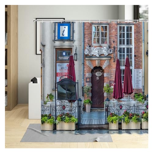 GMGQJST Duschvorhang Traditioneller Stadtstraßen-Duschvorhang, Blumen, malerisches blaues Fenster, Badezimmer-Dekor, Polyester, Clorh-Badevorhänge mit Haken(082G,90x180cm-35x70in) von GMGQJST