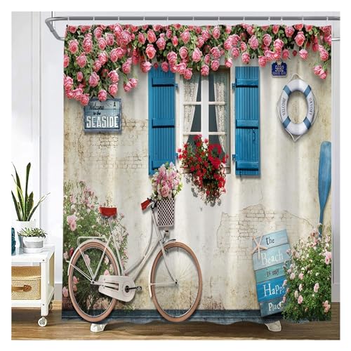 GMGQJST Duschvorhang Traditioneller Stadtstraßen-Duschvorhang, Blumen, malerisches blaues Fenster, Badezimmer-Dekor, Polyester, Clorh-Badevorhänge mit Haken(10599J,180x230cm-70x90in) von GMGQJST